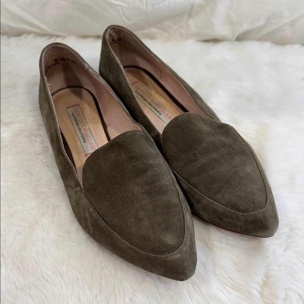 Olive Suede Pointed-Toe Loafers